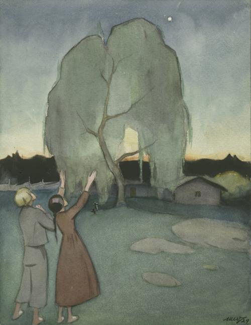 Martta Wendelin, Koivu ja tähti, Topeliuksen sadun kuvitus, akvarelli 1927, Amerin Kulttuurisäätiö